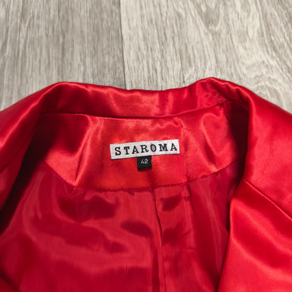 STAROMA Women Red Satin Blazer Jacket Size 42 Single Breasted Evening Party