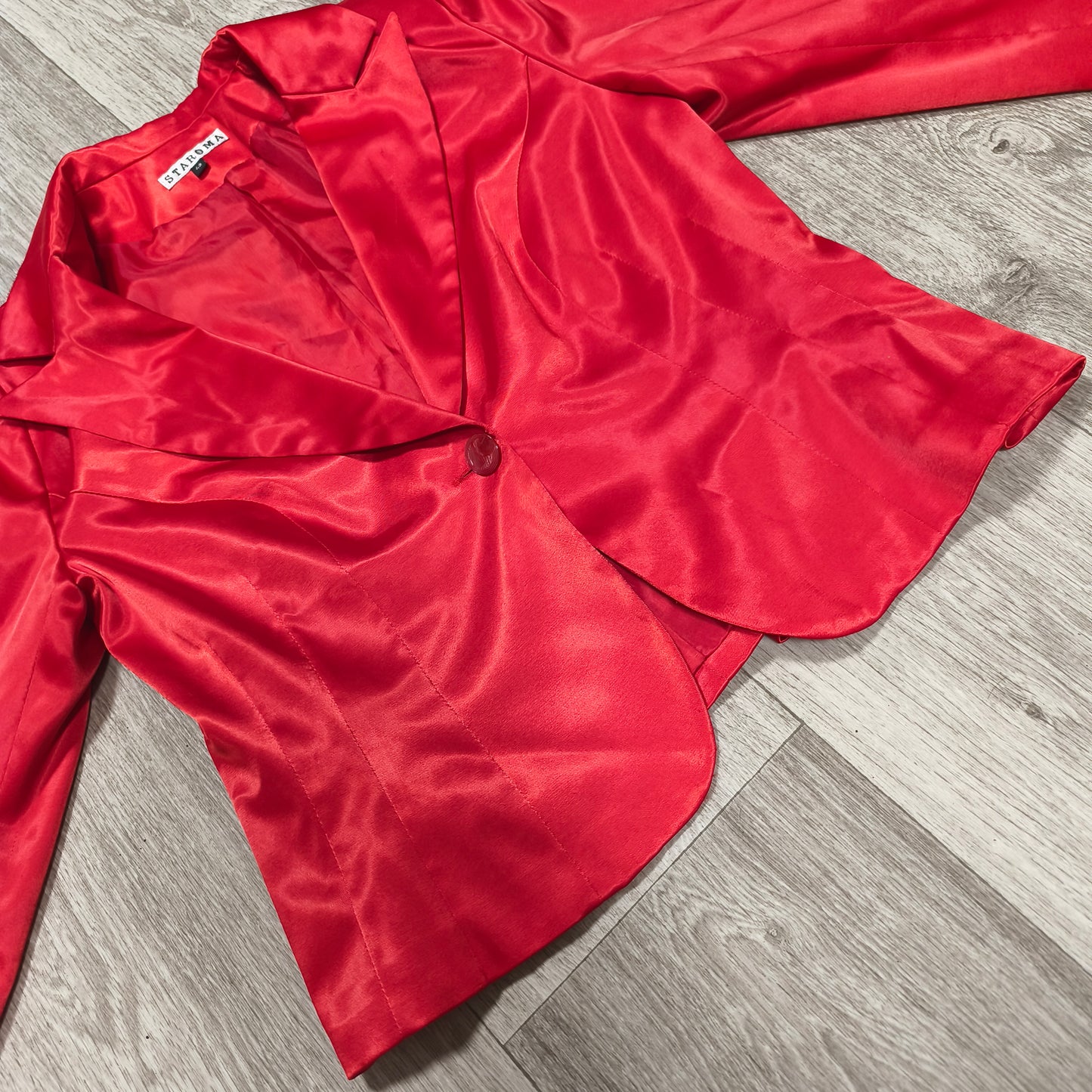 STAROMA Women Red Satin Blazer Jacket Size 42 Single Breasted Evening Party