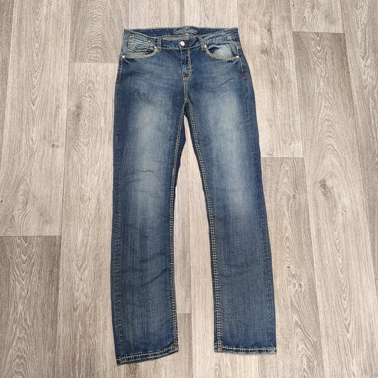 Soccx Denim Womens Jeans W32 L34 Blue Straight Leg Thick Stitching Distressed
