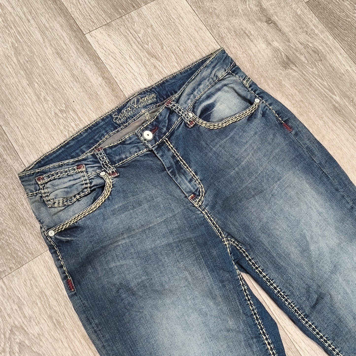 Soccx Denim Womens Jeans W32 L34 Blue Straight Leg Thick Stitching Distressed