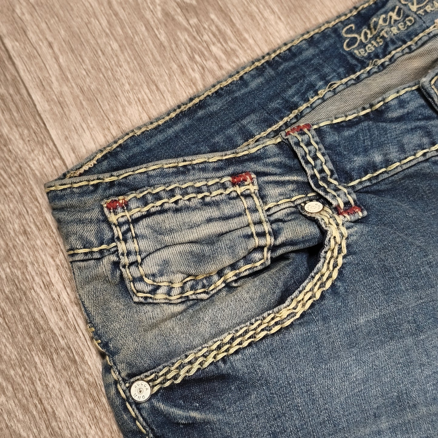 Soccx Denim Womens Jeans W32 L34 Blue Straight Leg Thick Stitching Distressed