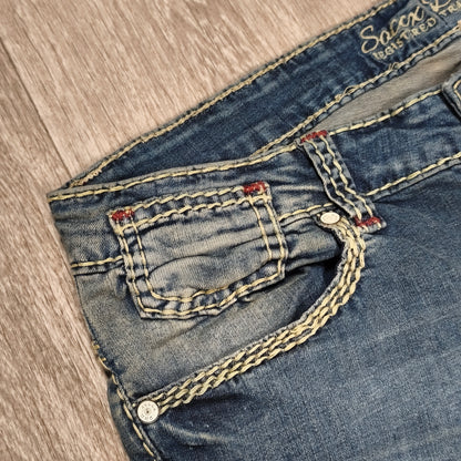 Soccx Denim Womens Jeans W32 L34 Blue Straight Leg Thick Stitching Distressed