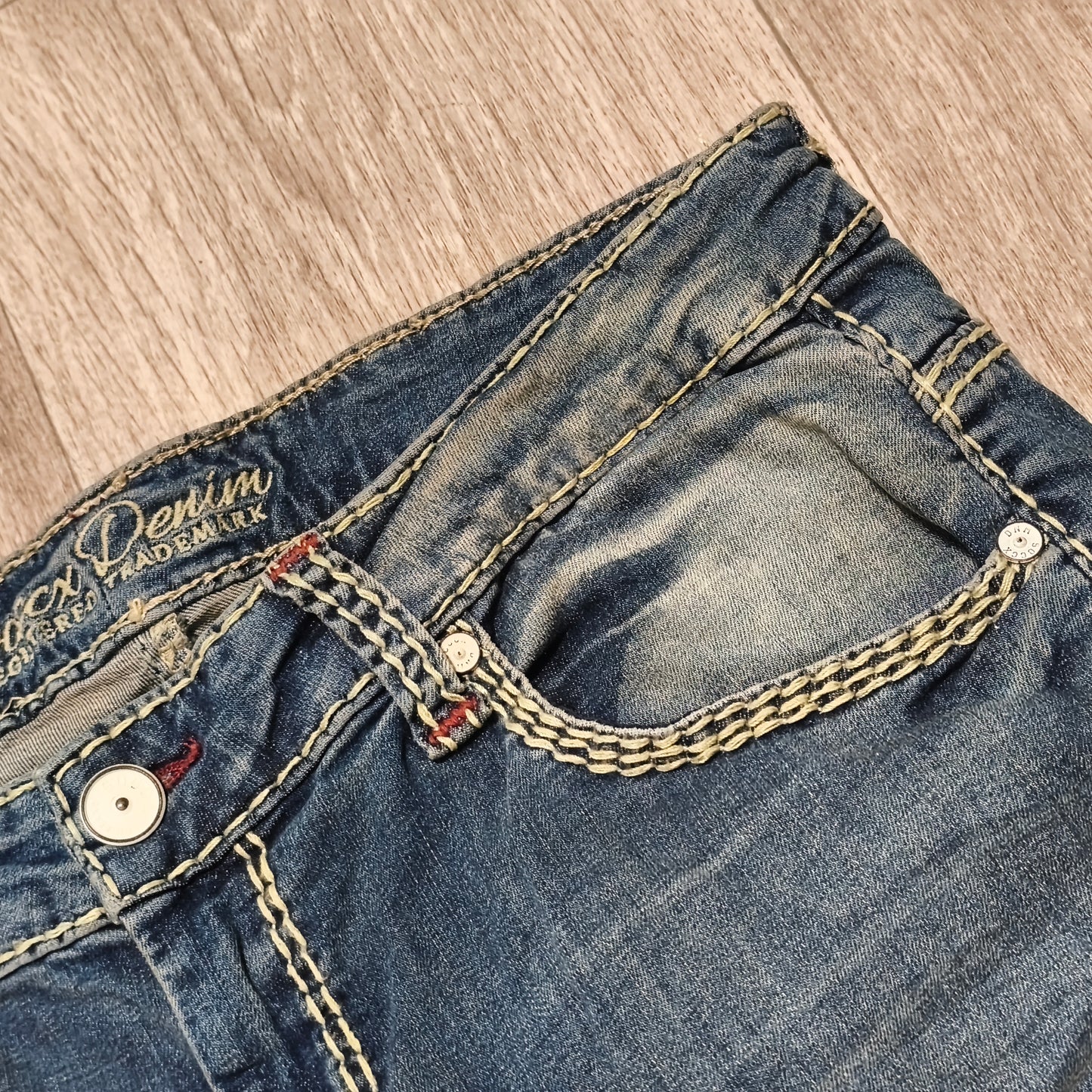 Soccx Denim Womens Jeans W32 L34 Blue Straight Leg Thick Stitching Distressed