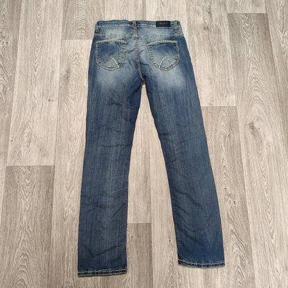 Soccx Denim Womens Jeans W32 L34 Blue Straight Leg Thick Stitching Distressed
