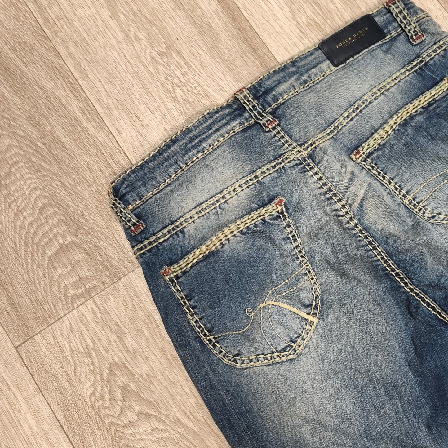 Soccx Denim Womens Jeans W32 L34 Blue Straight Leg Thick Stitching Distressed