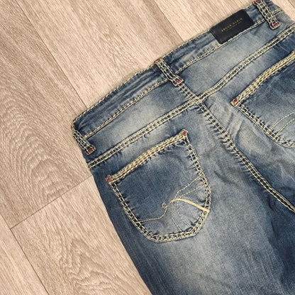 Soccx Denim Womens Jeans W32 L34 Blue Straight Leg Thick Stitching Distressed