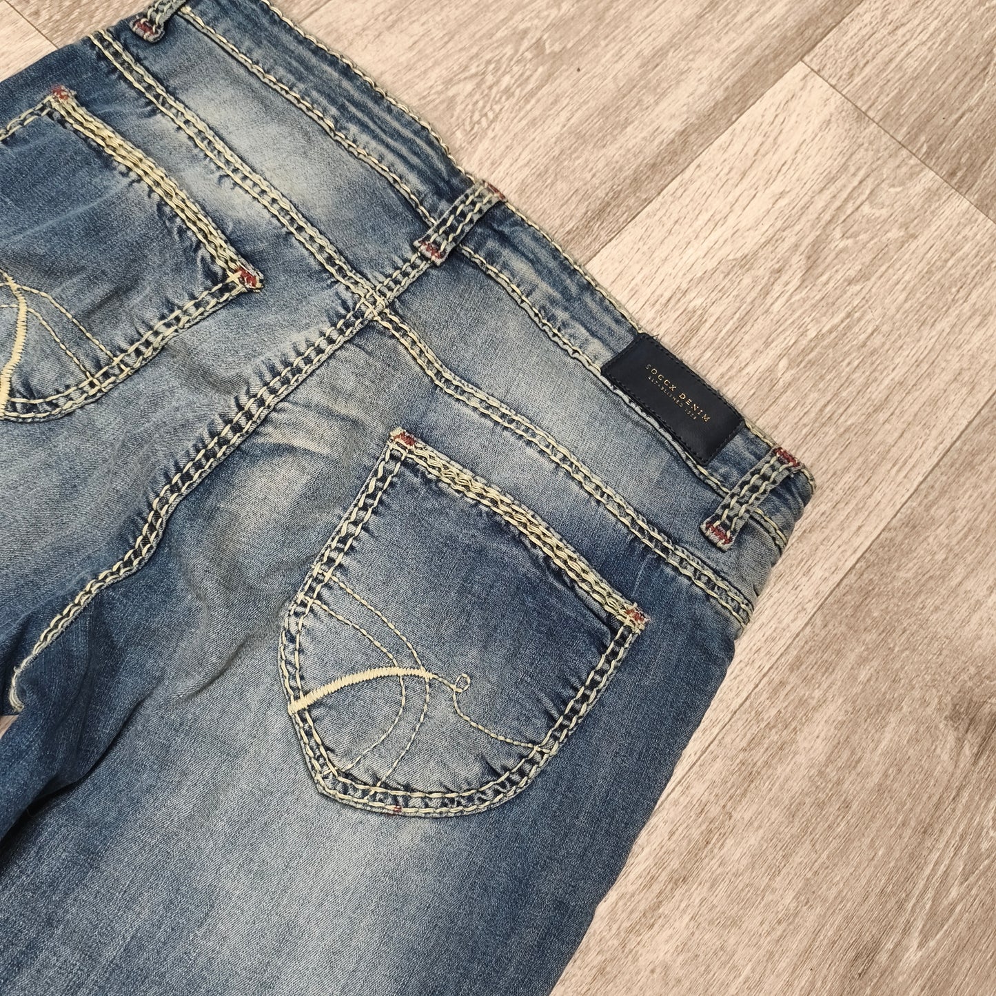 Soccx Denim Womens Jeans W32 L34 Blue Straight Leg Thick Stitching Distressed