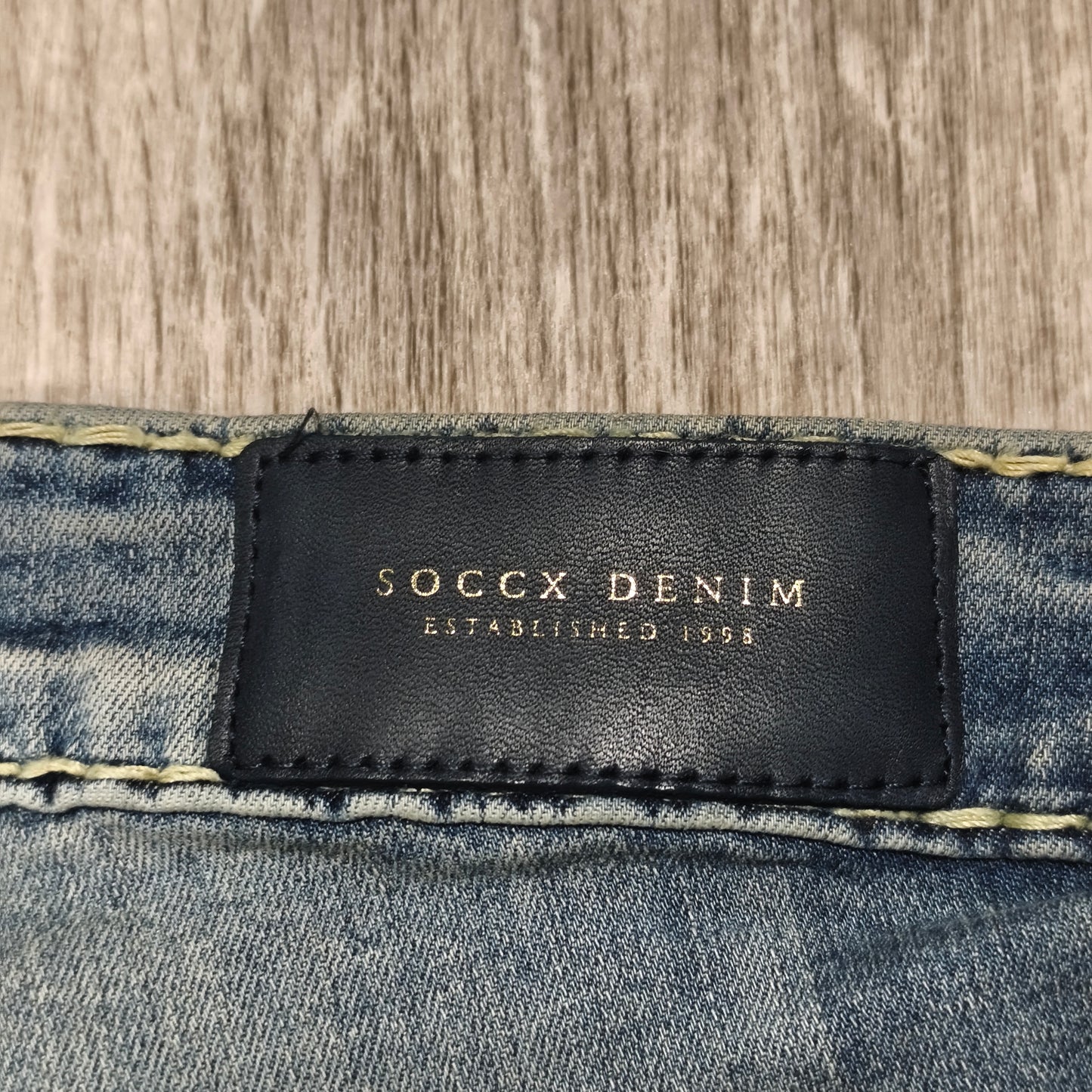 Soccx Denim Womens Jeans W32 L34 Blue Straight Leg Thick Stitching Distressed
