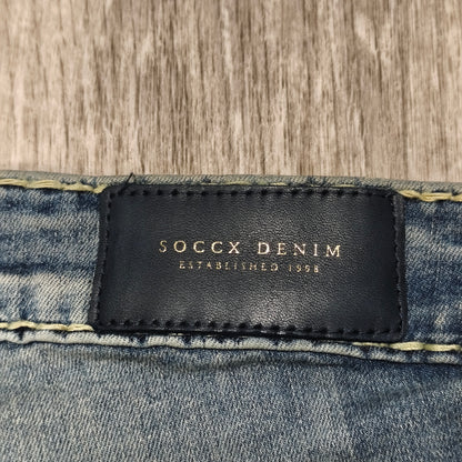 Soccx Denim Womens Jeans W32 L34 Blue Straight Leg Thick Stitching Distressed