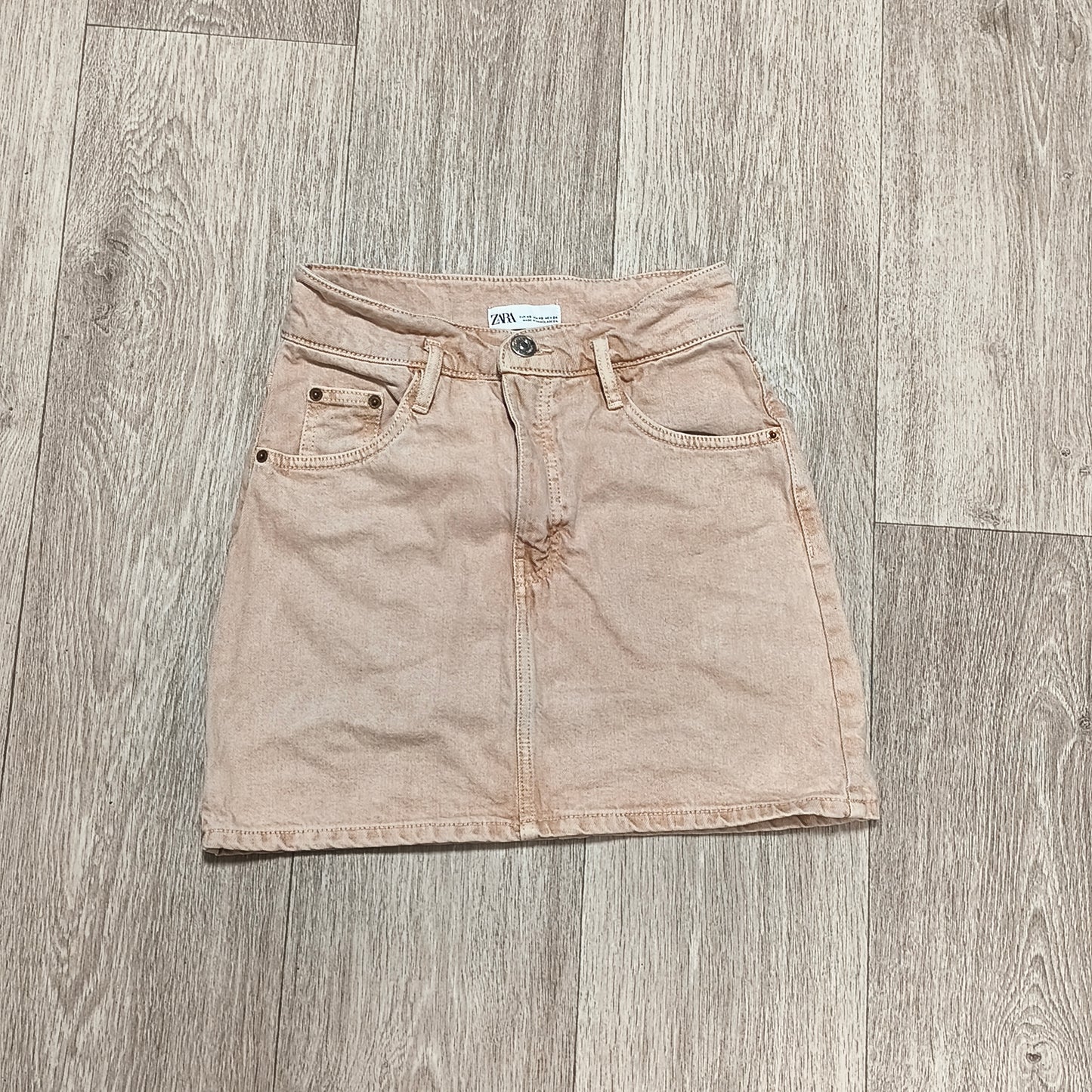 ZARA Women XS Pink Peach Denim Mini Skirt High Waist 100% Cotton 5 Pocket Jean