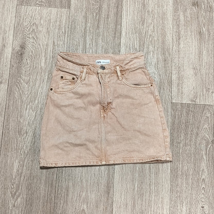 ZARA Women XS Pink Peach Denim Mini Skirt High Waist 100% Cotton 5 Pocket Jean