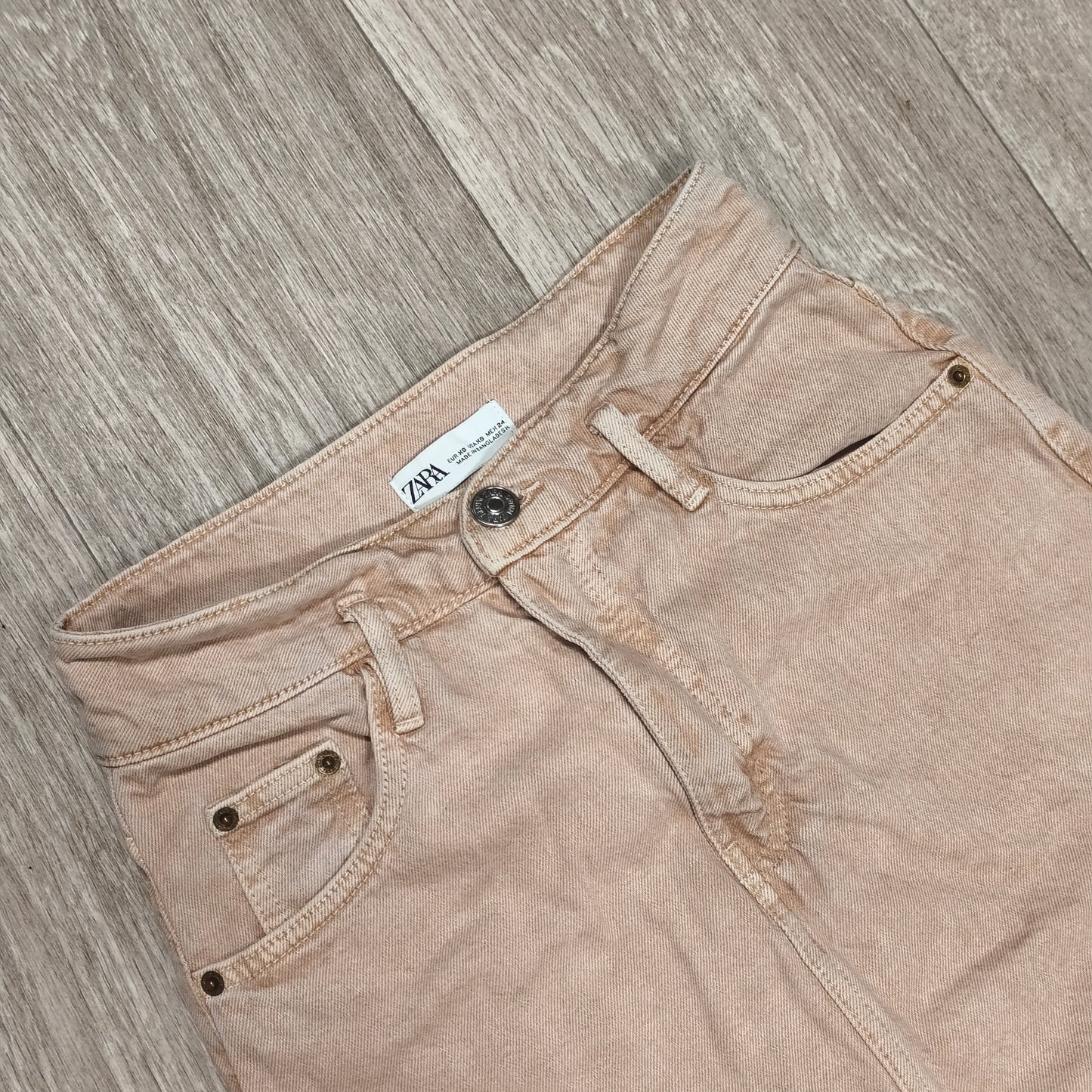 ZARA Women XS Pink Peach Denim Mini Skirt High Waist 100% Cotton 5 Pocket Jean