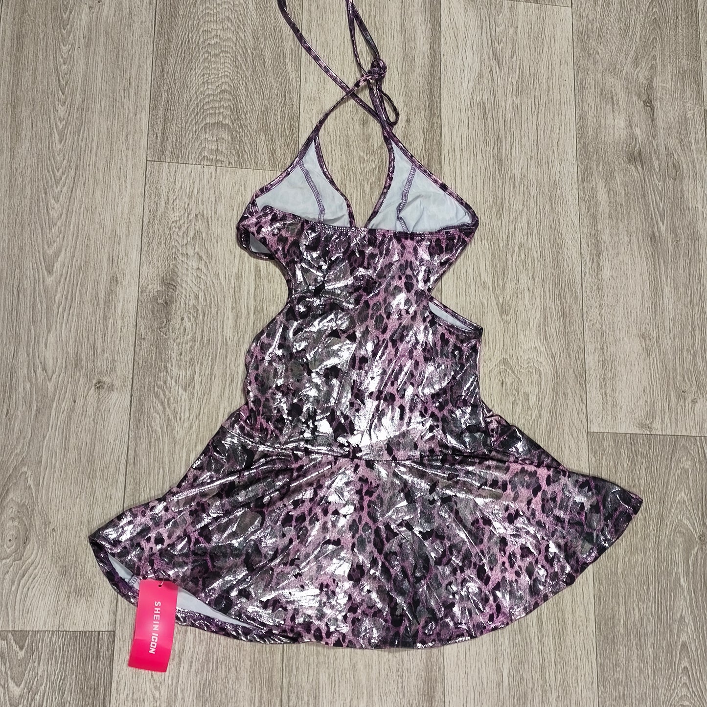 SHEIN ICON Metallic Animal Leopard Print Halter Cutout Skirt Dress Size M NWT