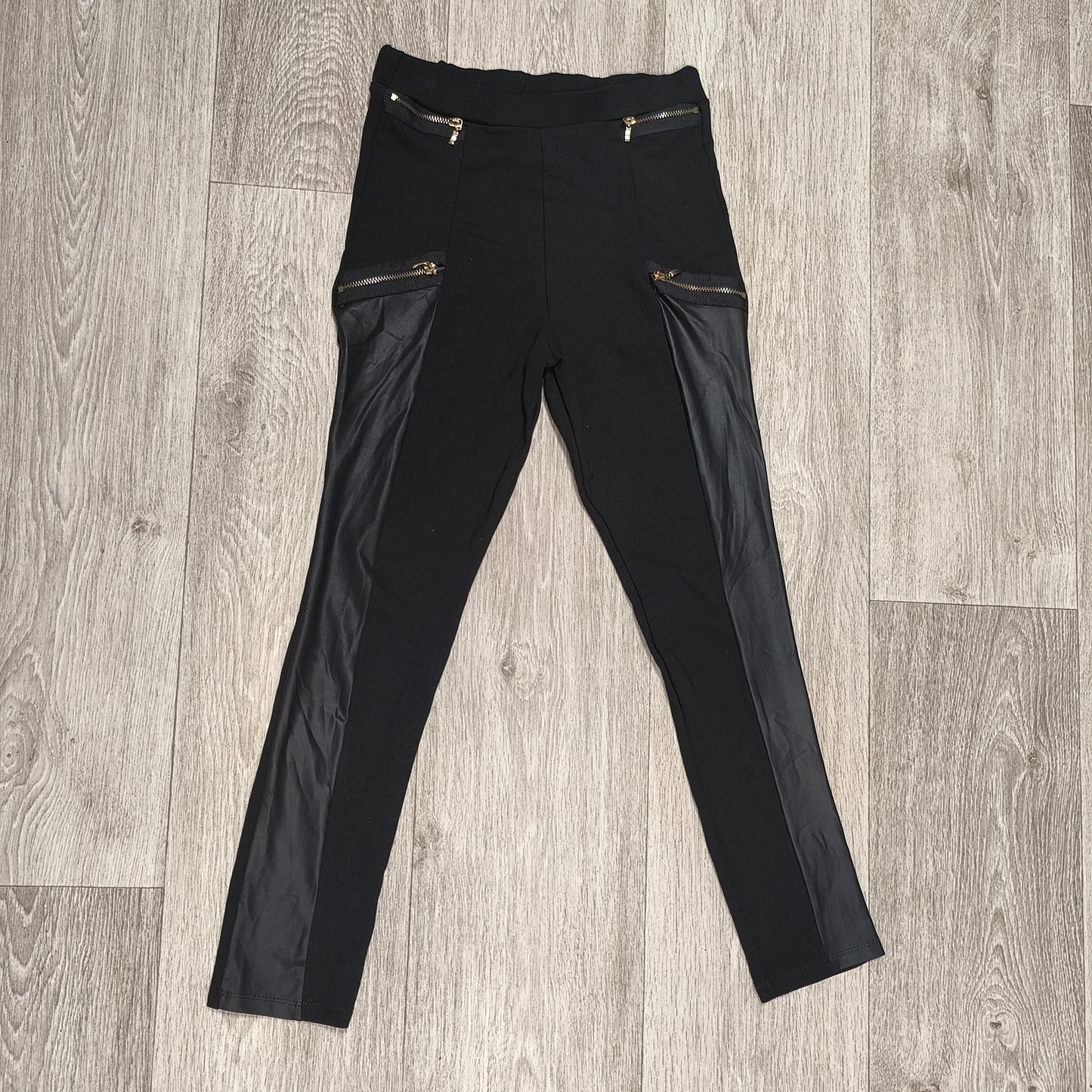 Girls Black Faux Leather Panel Leggings Size 11/12 Yrs Gold Zip Details Pull On