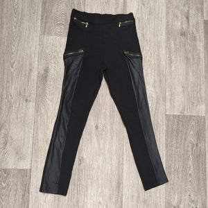 Girls Black Faux Leather Panel Leggings Size 11/12 Yrs Gold Zip Details Pull On