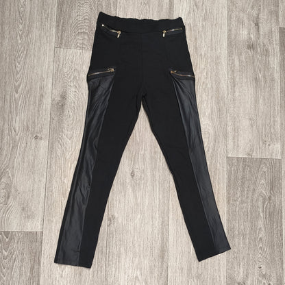 Girls Black Faux Leather Panel Leggings Size 11/12 Yrs Gold Zip Details Pull On