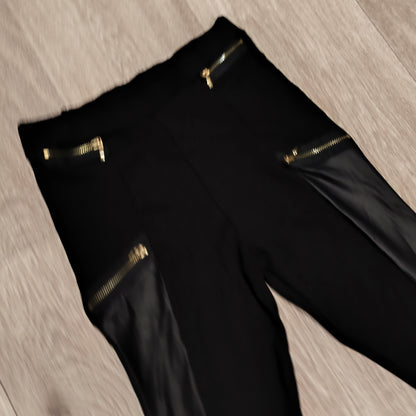 Girls Black Faux Leather Panel Leggings Size 11/12 Yrs Gold Zip Details Pull On