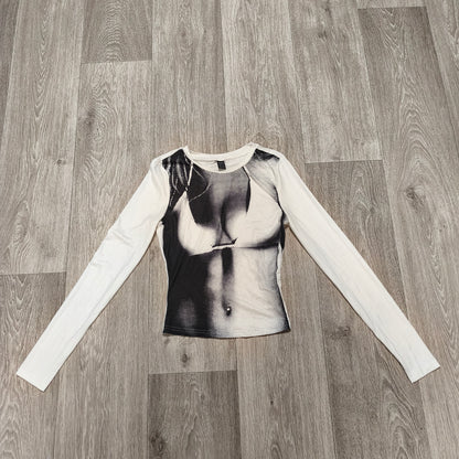 SHEIN Black White Graphic Long Sleeve Top Womens XS 34
