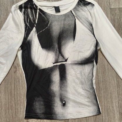 SHEIN Black White Graphic Long Sleeve Top Womens XS 34