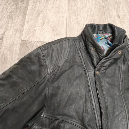 Vintage Black Leather Bomber Jacket Egyptian Art Lining Size 52