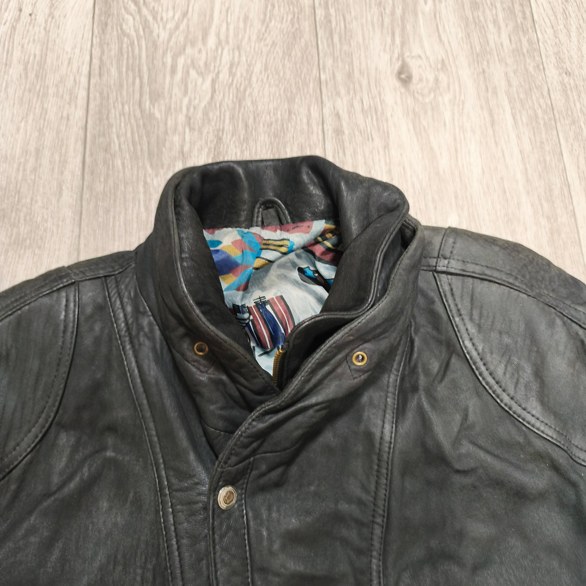 Vintage Black Leather Bomber Jacket Egyptian Art Lining Size 52