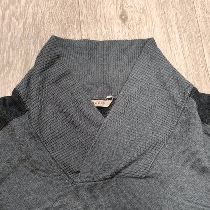 GUESS Men's Gray Wool Blend Shawl Collar Pullover Sweater Size M Patch Logo