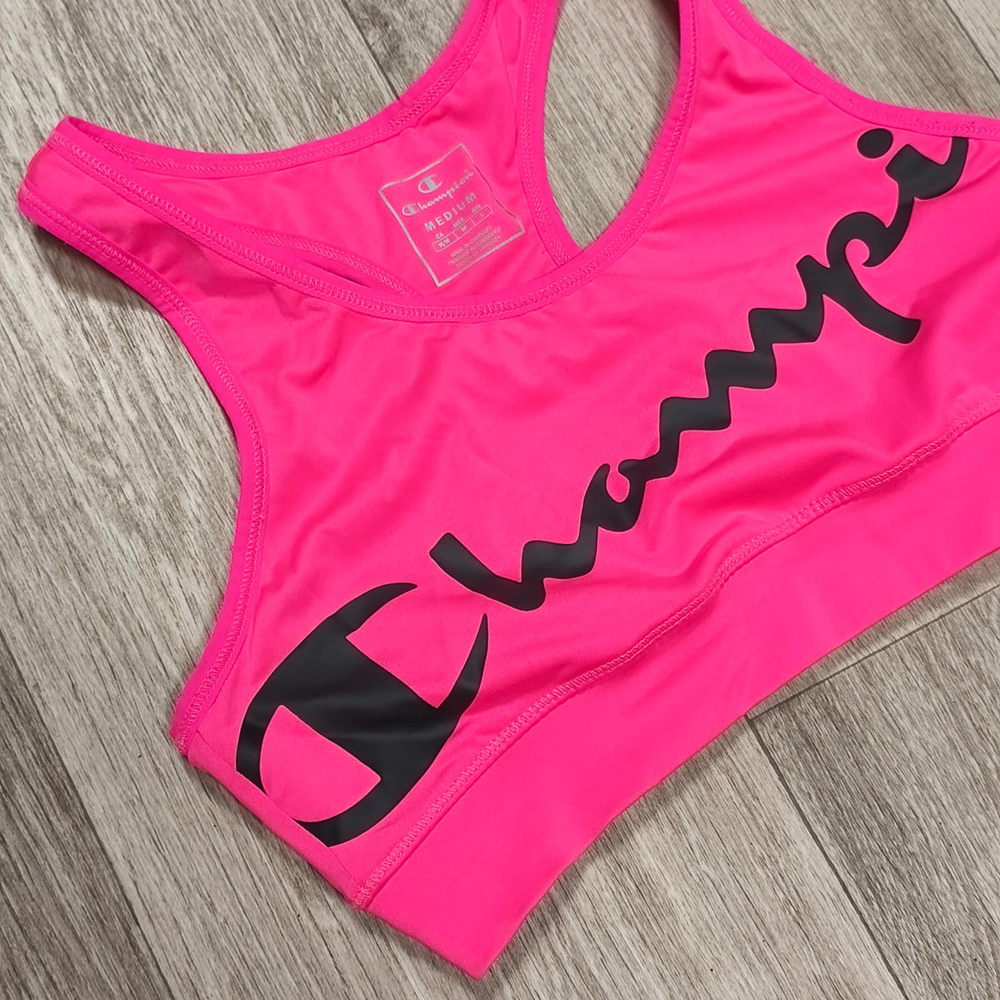 Champion Sports Bra Women Medium Pink Black Logo Athletic Fitness Workout Crop