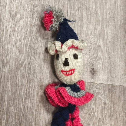 Handmade Knitted Crocheted Clown Doll Plush Curly Spiral Limbs Vintage Style
