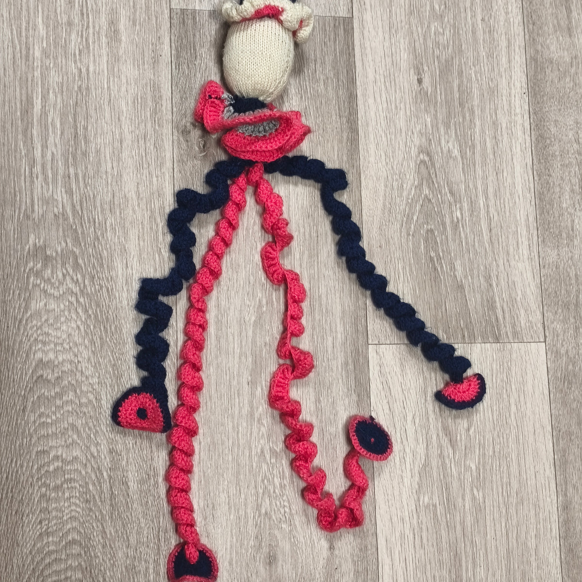 Handmade Knitted Crocheted Clown Doll Plush Curly Spiral Limbs Vintage Style