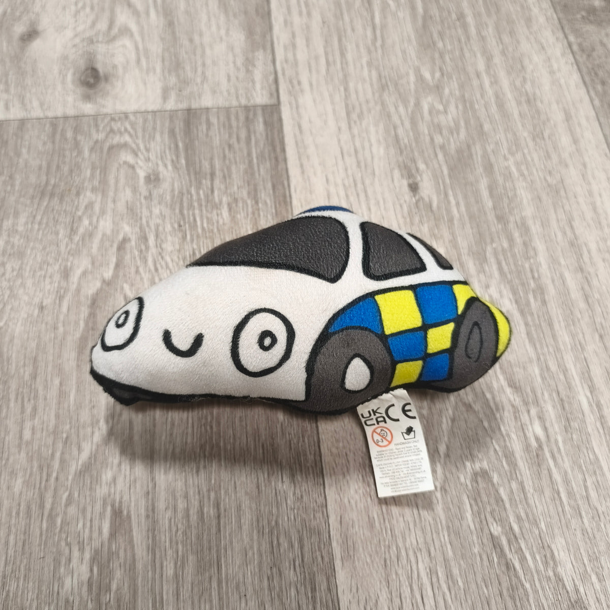 Crane Police Car Plush Soft Toy Small White Blue Yellow Checker Smiley Face