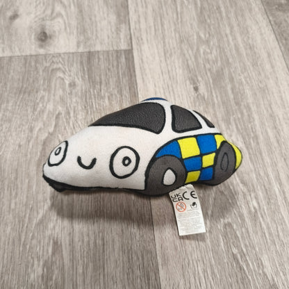 Crane Police Car Plush Soft Toy Small White Blue Yellow Checker Smiley Face