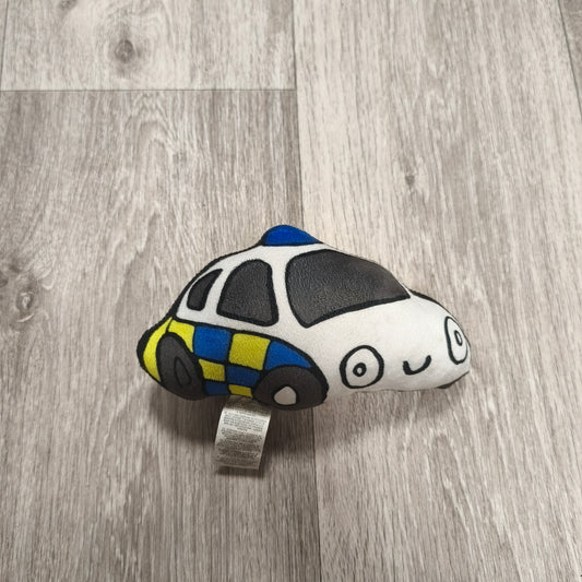 Crane Police Car Plush Soft Toy Small White Blue Yellow Checker Smiley Face