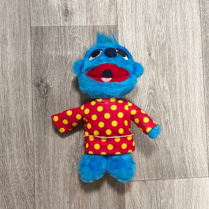 Blue Plush Monster Character Toy Red Yellow Polka Dot Shirt Soft