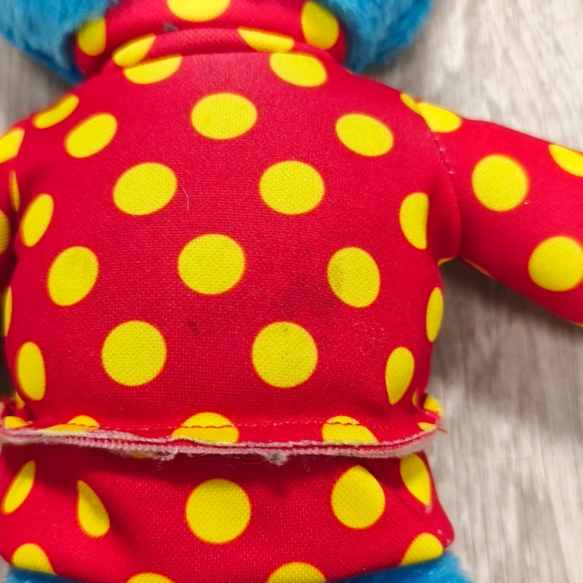 Blue Plush Monster Character Toy Red Yellow Polka Dot Shirt Soft
