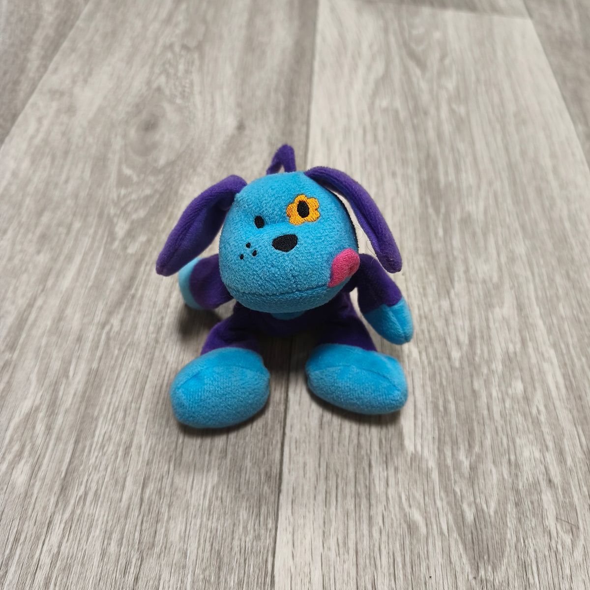 Blue Purple Dog Plush Stuffed Animal Toy Flower Eye Patch Hanging Loop Small