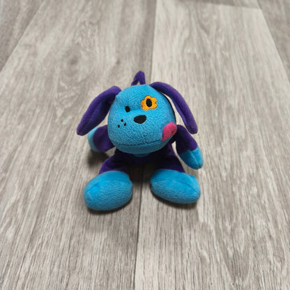 Blue Purple Dog Plush Stuffed Animal Toy Flower Eye Patch Hanging Loop Small