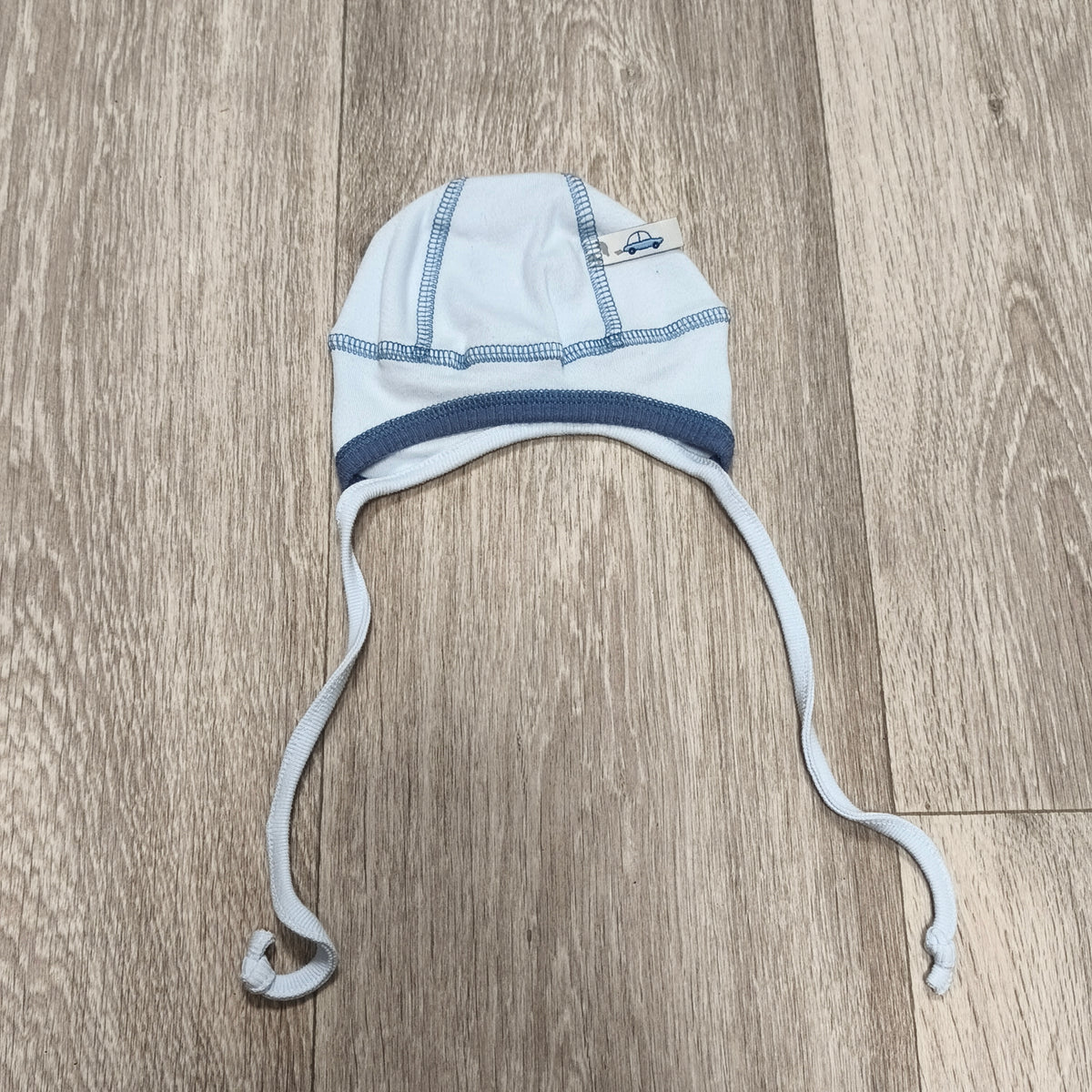 MiniBeebi Baby Boy Cotton Bonnet Hat Cap Light Blue Ties Car Tag Size 40-43