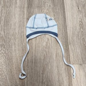 MiniBeebi Baby Boy Cotton Bonnet Hat Cap Light Blue Ties Car Tag Size 40-43
