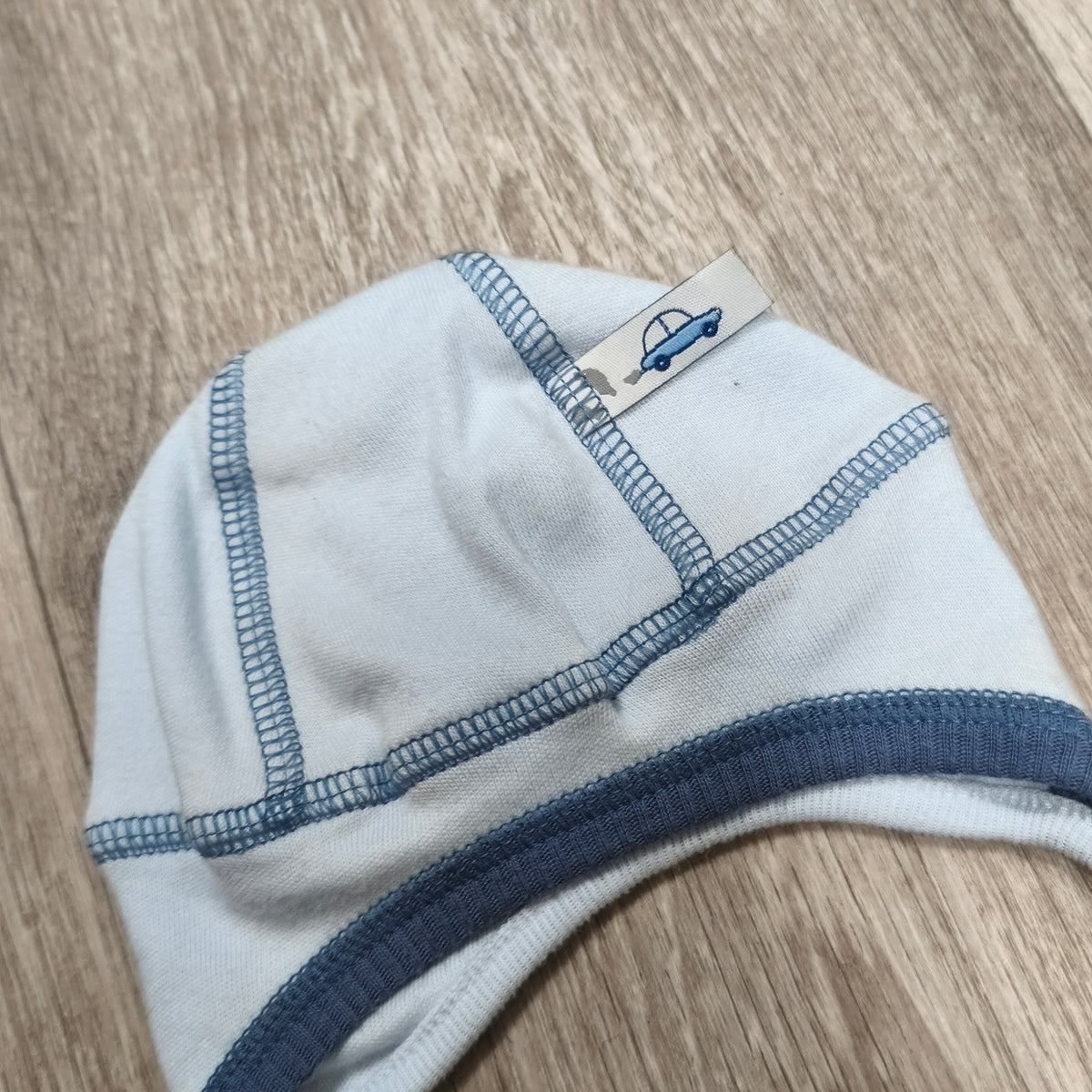 MiniBeebi Baby Boy Cotton Bonnet Hat Cap Light Blue Ties Car Tag Size 40-43