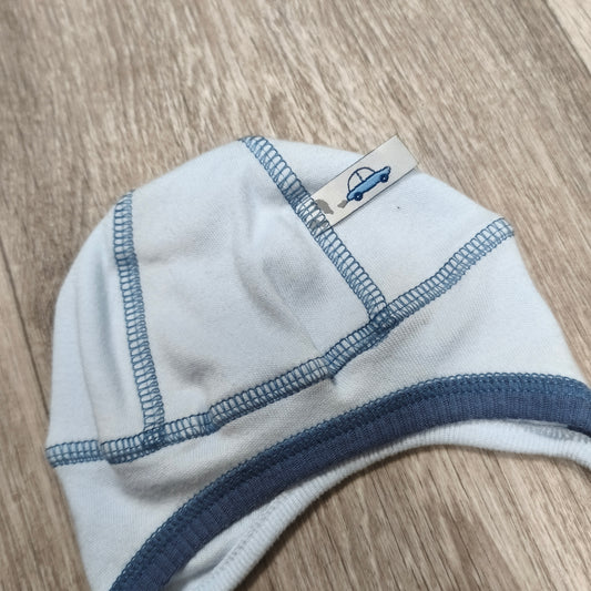 MiniBeebi Baby Boy Cotton Bonnet Hat Cap Light Blue Ties Car Tag Size 40-43