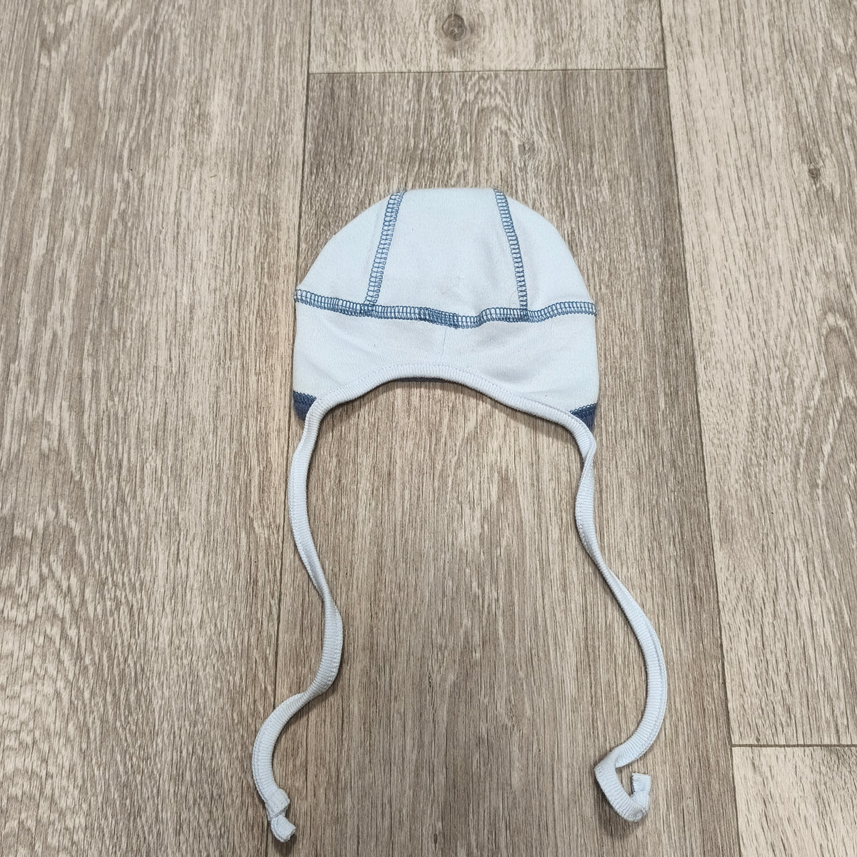 MiniBeebi Baby Boy Cotton Bonnet Hat Cap Light Blue Ties Car Tag Size 40-43