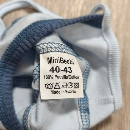 MiniBeebi Baby Boy Cotton Bonnet Hat Cap Light Blue Ties Car Tag Size 40-43