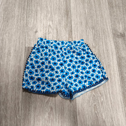 Next Baby Girls Blue Floral Shorts 9-12 Months Cotton Elastic Waist Pom Pom Trim