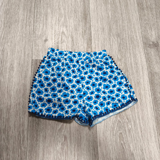 Next Baby Girls Blue Floral Shorts 9-12 Months Cotton Elastic Waist Pom Pom Trim