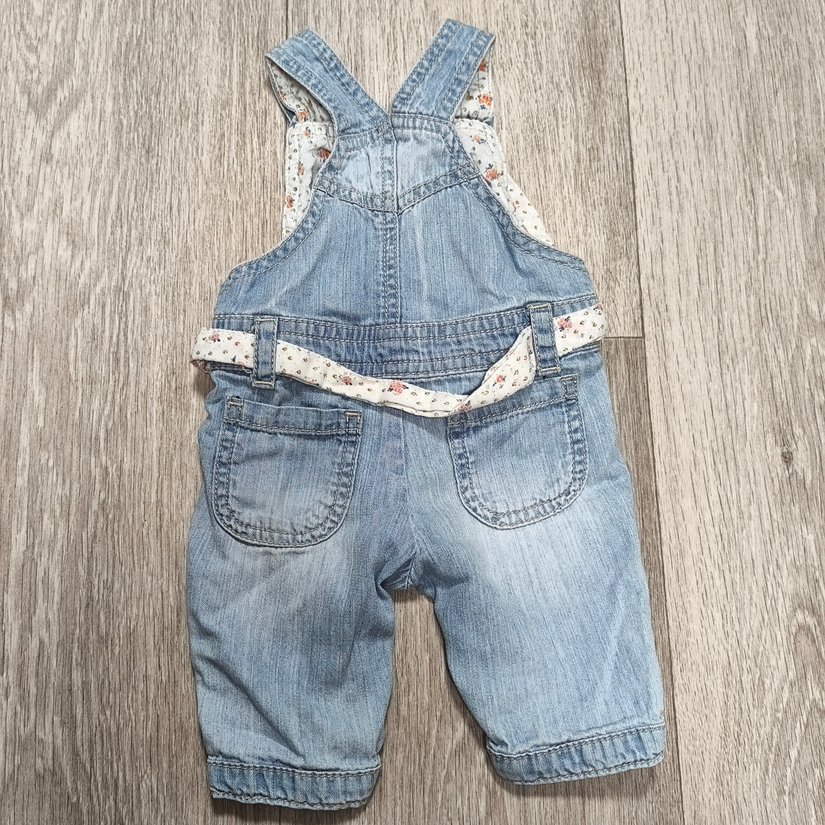 F&F Baby Girls Light Wash Denim Dungarees Overalls Floral Trim Belt Up To 1 Mont