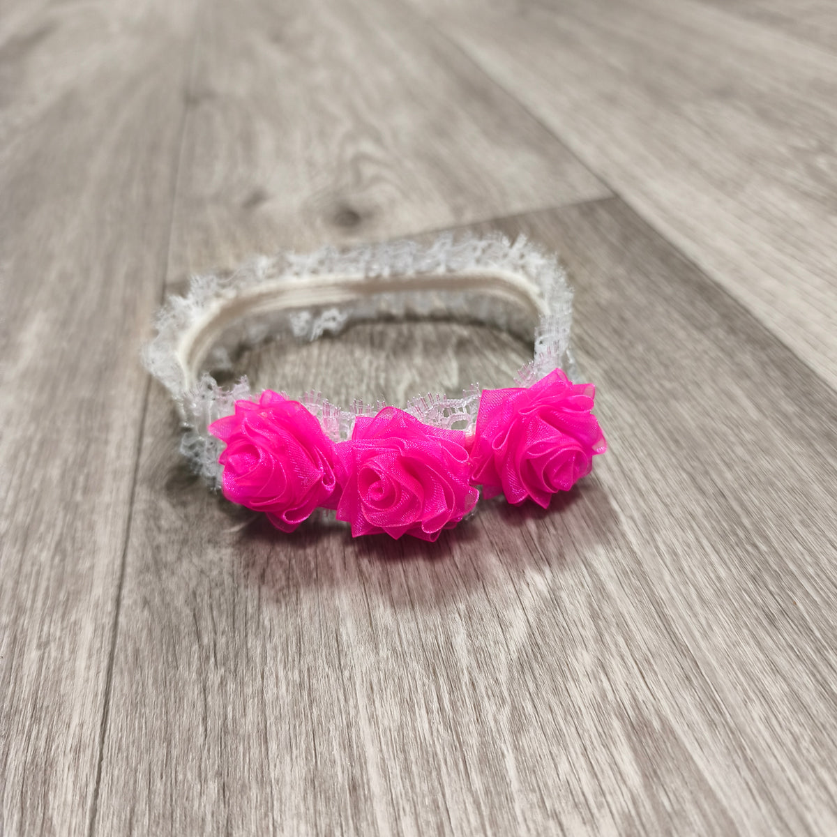White Lace Stretch Headband Hot Pink Rosette Flowers Elastic Hair Band