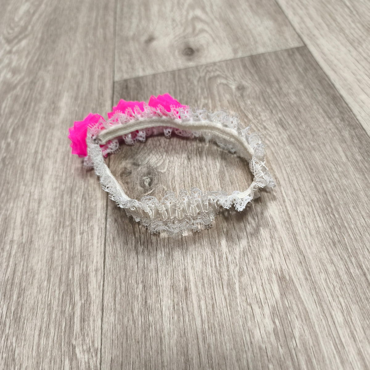 White Lace Stretch Headband Hot Pink Rosette Flowers Elastic Hair Band