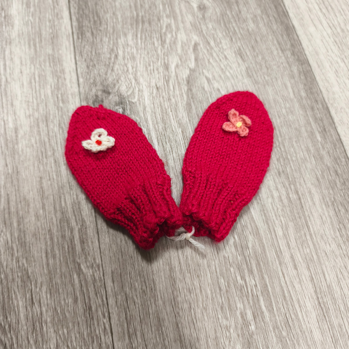 Handmade Baby Mittens Red Knit Crochet Flower Newborn Toddler Winter Gloves