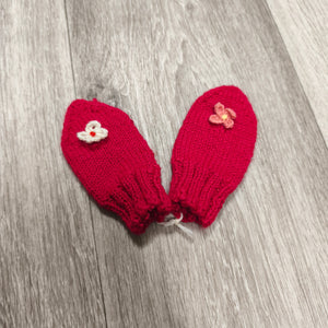 Handmade Baby Mittens Red Knit Crochet Flower Newborn Toddler Winter Gloves