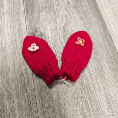 Handmade Baby Mittens Red Knit Crochet Flower Newborn Toddler Winter Gloves